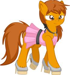 Size: 1920x2057 | Tagged: safe, artist:alexdti, imported from derpibooru, oc, oc:zip circuit, earth pony, pony, clothes, commission, crossdressing, dress, high heels, makeup, male, pink dress, shoes, simple background, solo, stallion, transparent background, unshorn fetlocks, your character here