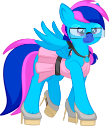 Size: 1920x2212 | Tagged: safe, artist:alexdti, imported from derpibooru, oc, oc:laser shine, pegasus, pony, clothes, crossdressing, dress, glasses, high heels, male, shoes, simple background, solo, stallion, transparent background