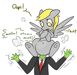 Size: 1940x1880 | Tagged: safe, artist:happy harvey, imported from derpibooru, derpy hooves, oc, oc:anon, human, pegasus, pony, accident, accidental vore, ambiguous penetration, anal vore, belly button, clothes, colored pupils, derpypred, dialogue, female, frog (hoof), head up butt, implied unbirthing, male, mare, necktie, penetration, phone drawing, simple background, spread legs, spread wings, spreading, stuck, suit, transparent background, underhoof, waving, wings