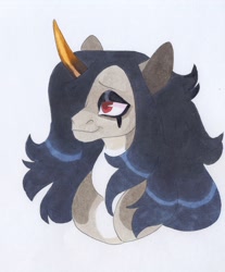 Size: 2018x2437 | Tagged: safe, artist:frozensoulpony, imported from derpibooru, oc, oc:eblis umbral, pony, unicorn, bust, magical gay spawn, offspring, parent:flash sentry, parent:king sombra, portrait, solo, traditional art