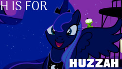 Size: 1280x720 | Tagged: safe, edit, edited screencap, editor:quoterific, imported from derpibooru, screencap, princess luna, alicorn, pony, luna eclipsed, season 2, alphabet, animation error, female, huzzah, mare, meme origin, open mouth, open smile, quote, smiling, solo, spread wings, wings