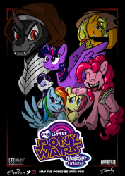 Size: 2481x3508 | Tagged: safe, artist:memprices, imported from derpibooru, applejack, fluttershy, king sombra, pinkie pie, rainbow dash, rarity, twilight sparkle, alicorn, earth pony, pegasus, pony, unicorn, antagonist, crossover, dreamworks face, evil grin, eye clipping through hair, eyebrows, eyebrows visible through hair, eyes closed, eyeshadow, female, frown, grin, high res, logo, makeup, male, mare, may the fourth be with you, movie poster, my little x, open mouth, open smile, parody, shading, signature, smiling, social media, stallion, star wars, star wars: the force awakens, twilight sparkle (alicorn)