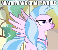 Size: 583x500 | Tagged: safe, edit, edited screencap, imported from derpibooru, screencap, silverstream, classical hippogriff, hippogriff, uprooted, aang, avatar silverstream, avatar the last airbender, caption, female, image macro, imgflip, pose, proud, smiling, solo, spread wings, text, wings