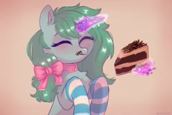 Size: 3000x2000 | Tagged: safe, artist:raily, imported from derpibooru, oc, oc only, pony, unicorn, bow, cake, cake slice, clothes, eating, food, hair bow, magic, socks, solo, striped socks, telekinesis, tongue out