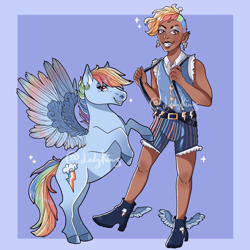 Size: 2048x2048 | Tagged: safe, artist:ladykins, imported from derpibooru, rainbow dash, human, pegasus, pony, belt, boots, clothes, dark skin, duality, duo, ear piercing, earring, eyeshadow, female, grin, high heel boots, humanized, jewelry, makeup, mare, piercing, self paradox, self ponidox, shirt, shoes, shorts, smiling, suspenders, unshorn fetlocks, vest