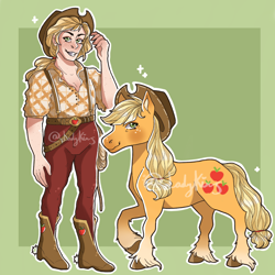 Size: 2048x2048 | Tagged: safe, artist:ladykins, imported from derpibooru, applejack, earth pony, human, pony, applejack's hat, belt, boots, clothes, cowboy boots, cowboy hat, duality, female, flannel, freckles, grin, hat, humanized, jeans, lasso, mare, markings, pants, raised hoof, rope, self paradox, self ponidox, shoes, smiling, suspenders, unshorn fetlocks