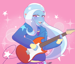 Size: 4311x3689 | Tagged: safe, artist:lyonzyon, imported from derpibooru, trixie, human, equestria girls, abstract background, clothes, cute, diatrixes, electric guitar, guitar, hairpin, hand, hoodie, looking at you, musical instrument, open mouth, solo