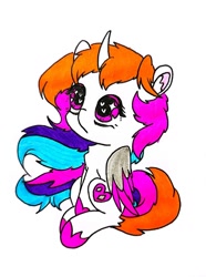 Size: 954x1279 | Tagged: safe, artist:rainbowwing, imported from derpibooru, oc, oc only, oc:rainbowwing, alicorn, pony, :<, alicorn oc, chest fluff, ear fluff, female, folded wings, hoof shoes, horn, multicolored hair, multicolored mane, multicolored tail, rainbowwing is trying to murder us, simple background, sitting, solo, tail, white background, wings