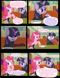 Size: 1042x1358 | Tagged: safe, artist:dendoctor, imported from derpibooru, mean twilight sparkle, pinkie pie, twilight sparkle, alicorn, earth pony, pony, comic:clone.., alternate universe, clone, clothes, comic, diner, female, food, fork, pepper, pinkie clone, plate, salt, taffy, twilight sparkle (alicorn)