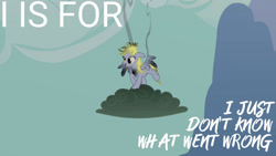 Size: 1280x720 | Tagged: safe, edit, edited screencap, editor:quoterific, imported from derpibooru, screencap, derpy hooves, pegasus, pony, season 2, the last roundup, alphabet, cloud, female, i just don't know what went wrong, mare, slapstick, solo, storm