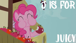 Size: 1280x720 | Tagged: safe, edit, edited screencap, editor:quoterific, imported from derpibooru, screencap, pinkie pie, earth pony, pony, green isn't your color, ^^, alphabet, apple, chewing, cute, diapinkes, eating, eyes closed, female, food, herbivore, mare, puffy cheeks, solo