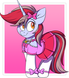 Size: 1820x2044 | Tagged: safe, artist:notetaker, imported from derpibooru, oc, oc only, oc:cinnamon lightning, pony, unicorn, blushing, clothes, crossdressing, dress, flustered, male, simple background, socks, solo