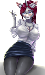 Size: 780x1300 | Tagged: safe, alternate version, artist:kavoooo, imported from derpibooru, oc, oc only, oc:selune darkeye, anthro, unicorn, anthro oc, big breasts, blushing, body markings, breasts, businessmare, busty oc, buttons, cleavage, clothes, coat markings, ear fluff, facial markings, female, glasses, horn, looking at you, markings, mealy mouth (coat marking), pantyhose, pen, redhead, sexy, simple background, skirt, smiling, smiling at you, solo, unicorn oc, white background