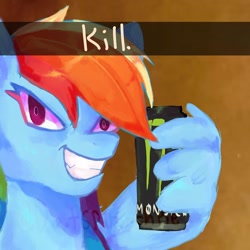 Size: 1080x1080 | Tagged: safe, artist:datspinachpie, imported from derpibooru, rainbow dash, pegasus, pony, devious smile, drink, evil grin, faic, female, franzj, grin, jerma985, mare, meme, monster energy, ponified meme, smiling, snapchat, solo, text, wing hold, wings
