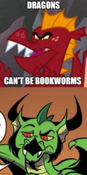 Size: 500x1001 | Tagged: safe, artist:andypriceart, edit, edited screencap, idw, imported from derpibooru, screencap, blacktip, garble, dragon, sweet and smoky, spoiler:comic61, blacktip is not amused, comic, imgflip, male, raised eyebrow, screencap comic, text, unamused