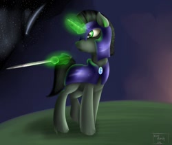 Size: 1213x1024 | Tagged: safe, artist:velvet-remedy2002, derpibooru exclusive, imported from derpibooru, oc, oc only, oc:braunly, pony, unicorn, cape, clothes, glowing, glowing horn, horn, magic, solo, sword, telekinesis, weapon