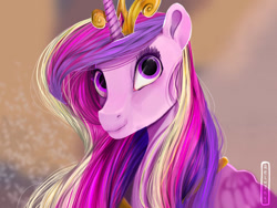 Size: 1024x768 | Tagged: safe, artist:aelwyng, imported from derpibooru, princess cadance, alicorn, pony, beautiful, canterlot wedding 10th anniversary, crown, female, gradient background, jewelry, mare, regalia, simple background, smiling, watermark