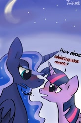 Size: 1200x1824 | Tagged: safe, artist:twiliset, imported from derpibooru, princess luna, twilight sparkle, alicorn, pony, blushing, chest fluff, duo, ear fluff, female, lesbian, looking at each other, looking at someone, moon, shipping, sky, stars, twilight sparkle (alicorn), twiluna