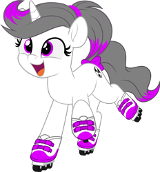 Size: 4636x5000 | Tagged: safe, artist:jhayarr23, imported from derpibooru, oc, oc only, oc:hazel radiate, pony, unicorn, absurd resolution, bow, clothes, commission, commissioner:biohazard, cute, eyelashes, female, full body, happy, highlights, horn, mare, open mouth, open smile, ponytail, purple eyes, raised hoof, raised leg, roller skates, shoes, show accurate, simple background, smiling, solo, tail, tail bow, transparent background, unicorn oc, ych result