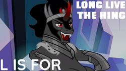 Size: 1280x720 | Tagged: safe, edit, edited screencap, editor:quoterific, imported from derpibooru, screencap, king sombra, pony, season 9, the beginning of the end, spoiler:s09, alphabet, antagonist, evil, evil grin, grin, long live the king, male, smiling, solo, talking