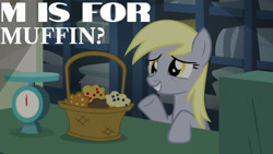 Size: 1280x720 | Tagged: safe, edit, edited screencap, editor:quoterific, imported from derpibooru, screencap, derpy hooves, pegasus, pony, season 5, slice of life (episode), alphabet, basket, female, food, mare, muffin, post office, raised hoof, smiling, solo, that pony sure does love muffins