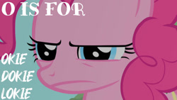 Size: 1280x720 | Tagged: safe, edit, edited screencap, editor:quoterific, imported from derpibooru, screencap, pinkie pie, earth pony, pony, party of one, season 1, alphabet, close-up, female, mare, narrowed eyes, okie doki loki, solo, suspicious face