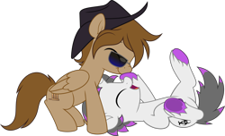 Size: 5001x3048 | Tagged: safe, alternate version, artist:jhayarr23, imported from derpibooru, oc, oc only, oc:haze rad, oc:talu gana, pegasus, pony, unicorn, alternate character, boop, colored hooves, commission, commissioner:biohazard, cowboy hat, cute, duo, duo male, eyes closed, folded wings, happy, hat, high res, highlights, horn, lying down, male, on back, open mouth, open smile, pegasus oc, scrunchy face, simple background, smiling, stallion, stetson, sunglasses, taze, transparent background, underhoof, unicorn oc, unshorn fetlocks, wings, ych result