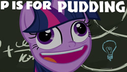 Size: 1280x720 | Tagged: safe, edit, edited screencap, editor:quoterific, imported from derpibooru, screencap, twilight sparkle, alicorn, pony, best gift ever, season 8, spoiler:s08, alphabet, close-up, derp, faic, female, food, mare, meme origin, pudding, pudding face, solo, special, twilight sparkle (alicorn)