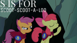 Size: 1280x720 | Tagged: safe, edit, edited screencap, editor:quoterific, imported from derpibooru, screencap, apple bloom, scootaloo, earth pony, pegasus, pony, season 1, stare master, alphabet, angry, cape, clothes, cmc cape, duo, duo female, female, filly, foal, scootaloo is not amused, unamused