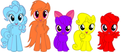 Size: 1610x698 | Tagged: safe, imported from derpibooru, apple bloom, pinkie pie, rainbow dash, scootaloo, sweetie belle, earth pony, pegasus, pony, unicorn, adorabloom, blue, colors, cute, cutealoo, cutie mark crusaders, dashabetes, diapinkes, diasweetes, female, filly, foal, g4, hugpony poses, mare, orange (color), purple, red, simple background, transparent background, yellow, спрауты