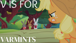 Size: 1280x720 | Tagged: safe, edit, edited screencap, editor:quoterific, imported from derpibooru, screencap, applejack, earth pony, pony, rabbit, season 1, the cutie mark chronicles, alphabet, angry, animal, applejack is not amused, female, gritted teeth, mare, teeth, unamused