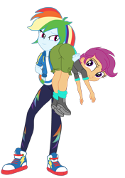 Size: 1930x2738 | Tagged: safe, artist:gmaplay, imported from derpibooru, rainbow dash, scootaloo, human, equestria girls, ass, butt, carrying, duo, duo female, female, over the shoulder, scootabutt, simple background, the ass was fat, transparent background