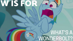 Size: 1280x720 | Tagged: safe, edit, edited screencap, editor:quoterific, imported from derpibooru, screencap, rainbow dash, pegasus, pony, no second prances, season 6, alphabet, female, flying, implied starlight glimmer, mare, open mouth, solo