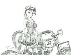 Size: 1500x1167 | Tagged: safe, artist:baron engel, imported from derpibooru, dj pon-3, vinyl scratch, anthro, unguligrade anthro, unicorn, breasts, busty vinyl scratch, clothes, grayscale, looking at you, monochrome, motorcycle, pencil drawing, solo, traditional art