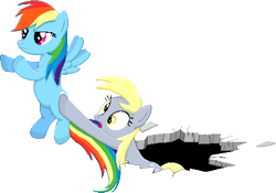 Size: 454x317 | Tagged: safe, artist:rockingscorpion, imported from derpibooru, derpy hooves, rainbow dash, pegasus, pony, the last roundup, butt touch, duo, duo female, female, flying, frown, hole, hoof on butt, mare, open mouth, pixel art, role reversal, simple background, spread wings, transparent background, wings