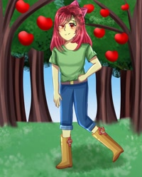 Size: 1080x1350 | Tagged: safe, artist:almira.a_art, imported from derpibooru, apple bloom, human, equestria girls, apple, apple tree, blushing, food, solo, tree