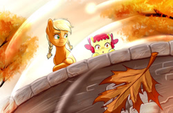 Size: 1280x837 | Tagged: safe, artist:gloomydinosaur, imported from derpibooru, apple bloom, applejack, earth pony, pony, :o, alternate hairstyle, autumn, bow, braided pigtails, bridge, duo, female, filly, foal, hair bow, leaf, open mouth, reflection, siblings, sisters, tree, younger