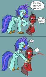 Size: 1776x2918 | Tagged: safe, artist:supahdonarudo, imported from derpibooru, oc, oc only, oc:ironyoshi, oc:sea lilly, classical hippogriff, hippogriff, unicorn, 2 panel comic, birthday, camera, clothes, comic, dialogue, hands on shoulder, hat, jewelry, necklace, new student starfish, noisemaker, party hat, reference, shirt, simple background, sitting, speech bubble, spongebob squarepants, text, unamused