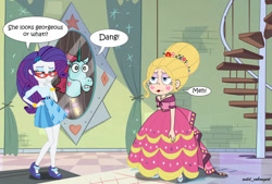 Size: 1023x692 | Tagged: safe, artist:wild_cobragirl, imported from derpibooru, rarity, human, equestria girls, clothes, clothes swap, crossover, dress, gown, princess pony head, spiral stairs, star butterfly, star vs the forces of evil