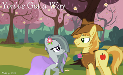 Size: 2064x1262 | Tagged: safe, artist:cartoonlover826, artist:matty4z, artist:sugar-loop, imported from derpibooru, braeburn, marble pie, earth pony, 2022, boutonniere, braeble, cherry blossoms, cherry tree, clothes, courtship, dress, female, flower, flower blossom, flower in hair, garden, looking at each other, looking at someone, lyrics in the description, male, mare, may, shania twain, shipping, smiling, smiling at each other, song reference, stallion, straight, tree, you've got a way, youtube link in the description