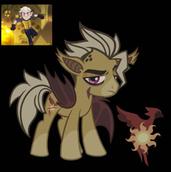 Size: 1273x1280 | Tagged: safe, artist:caramel_likoy, imported from derpibooru, bat pony, pony, spoiler:the owl house, bat ponified, bat wings, black background, cutie mark, flapjack (the owl house), golden guard, grimwalker, harsher in hindsight, heartwarming in hindsight, hunter (the owl house), palisman, ponified, princess celestia's cutie mark, scar, simple background, spoilers for another series, the owl house, tired, wings