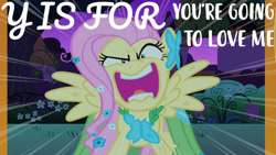 Size: 1280x720 | Tagged: safe, edit, edited screencap, editor:quoterific, imported from derpibooru, screencap, fluttershy, pegasus, pony, season 1, the best night ever, alphabet, angry, female, flutterrage, mare, meme origin, messy mane, solo, speed lines, yelling, you're going to love me