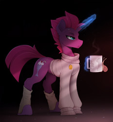 Size: 2300x2474 | Tagged: safe, artist:yakovlev-vad, imported from derpibooru, fizzlepop berrytwist, tempest shadow, pony, snail, unicorn, my little pony: the movie, bottomless, broken horn, clothes, female, glowing, glowing eyes, horn, lacrimal caruncle, lidded eyes, magic, mare, mug, partial nudity, slim, slippers, socks, solo, sternocleidomastoid, sweater, telekinesis, thin