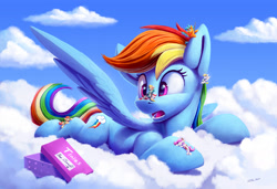 Size: 2000x1369 | Tagged: safe, artist:tsitra360, imported from derpibooru, rainbow dash, oc, changeling, deer, deer pony, original species, pegasus, pony, box, cloud, commission, lying down, lying on a cloud, micro, on a cloud, open mouth, prone, sitting, sitting on nose, size difference, sky, surprised, ych result