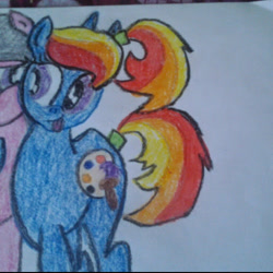 Size: 500x500 | Tagged: safe, imported from derpibooru, oc, oc only, oc:artie brush, oc:sweet tune, earth pony, unicorn, female, hug, mare, multicolored hair, paint, paintbrush, pencil drawing, ponytail, rainbow hair, tongue out, traditional art