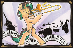 Size: 2684x1770 | Tagged: safe, artist:dandy, imported from derpibooru, oc, pony, unicorn, bipedal, copic, ear fluff, eyes closed, horn, jazz, marker drawing, musical instrument, piano, playing instrument, raffle prize, signature, solo, traditional art, trombone, unicorn oc, unshorn fetlocks