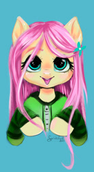 Size: 1311x2373 | Tagged: safe, artist:sprinklefest, imported from derpibooru, fluttershy, pony, antonymph, bust, clothes, female, fluttgirshy, full face view, gir, hair accessory, hoodie, looking at you, mare, open mouth, open smile, raised hooves, simple background, smiling, solo, stray strand, teal background