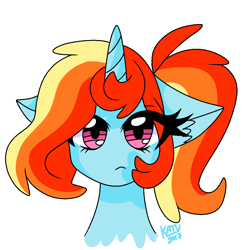 Size: 1080x1080 | Tagged: safe, artist:artiebrushiez, imported from derpibooru, oc, oc only, oc:artie brush, pony, unicorn, bust, eye clipping through hair, eyelashes, female, floppy ears, frown, horn, mare, multicolored hair, ponytail, portrait, rainbow hair, signature, simple background, solo, unicorn oc, white background