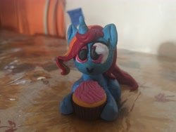 Size: 4032x3024 | Tagged: safe, artist:artiebrushiez, imported from derpibooru, oc, oc only, oc:artie brush, pony, unicorn, 3d, clay, clay figure, cupcake, cute, food, irl, multicolored hair, ocbetes, photo, rainbow hair, smiling