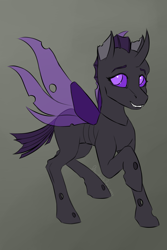 Size: 2000x3000 | Tagged: safe, artist:stardustspix, imported from derpibooru, oc, oc:alcippe, changeling, equestria at war mod, fangs, female, gradient background, gray background, purple changeling, simple background, smiling, solo